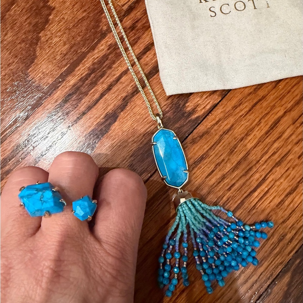 Kendra Scott Turquoise Blue Druzy Tassel Necklace & ring set